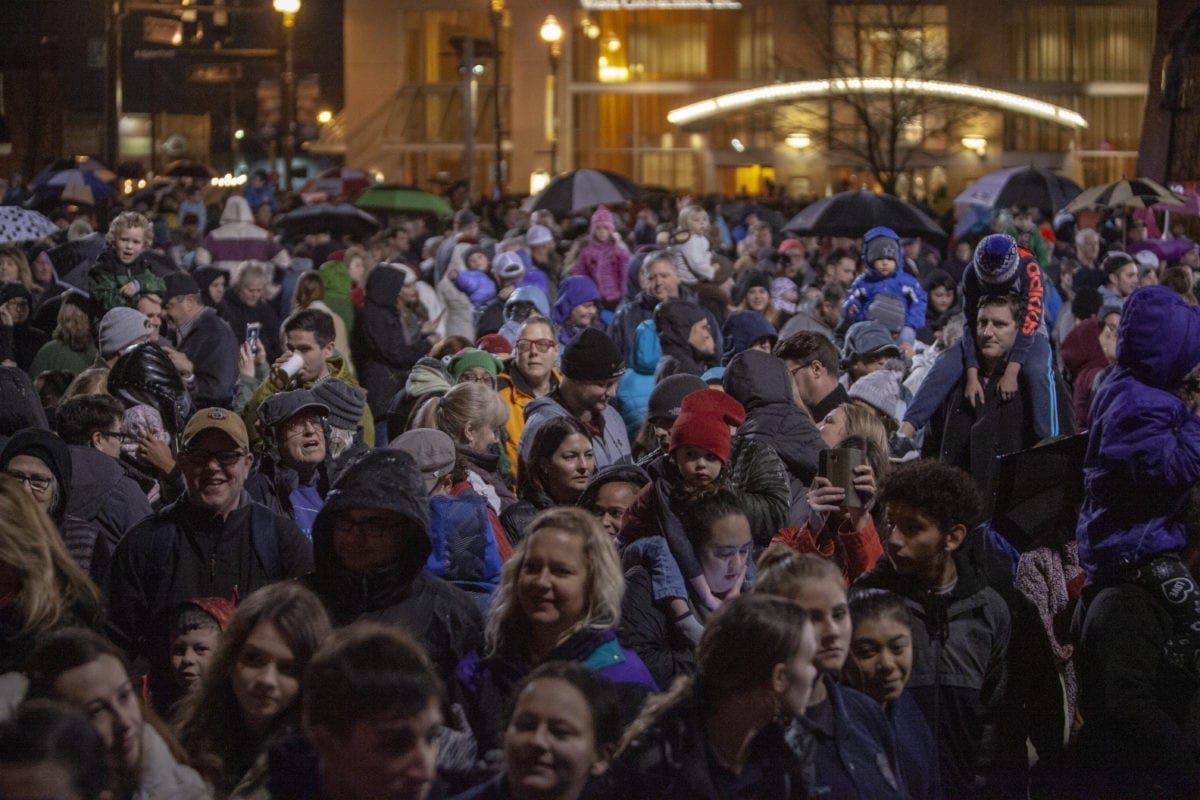 Hundreds of families and friends came out in the rain to be a part of the Vancouver tree lighting in Esther Short Park. Photo by Jacob Granneman
