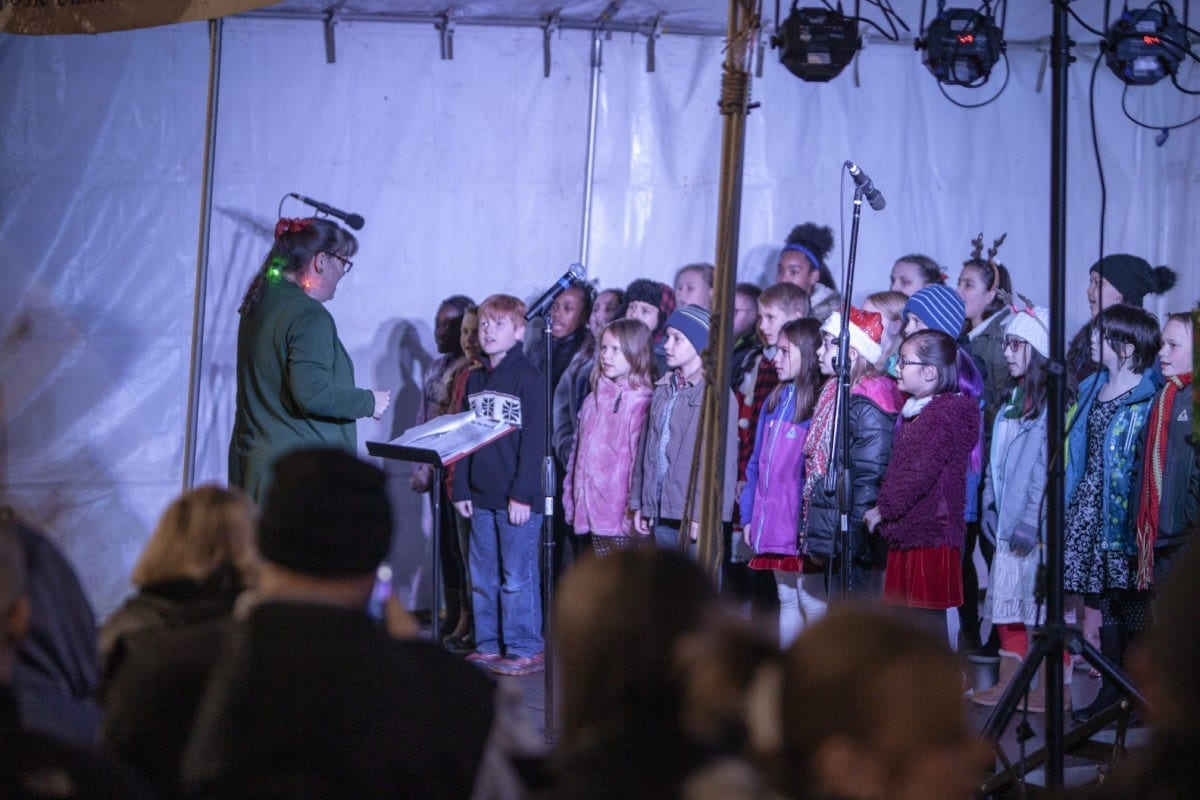 The student choir from Fruit Valley Elementary, performs Christmas carols for a audience of hundreds at the Vancouver tree lighting. Photo by Jacob Granneman