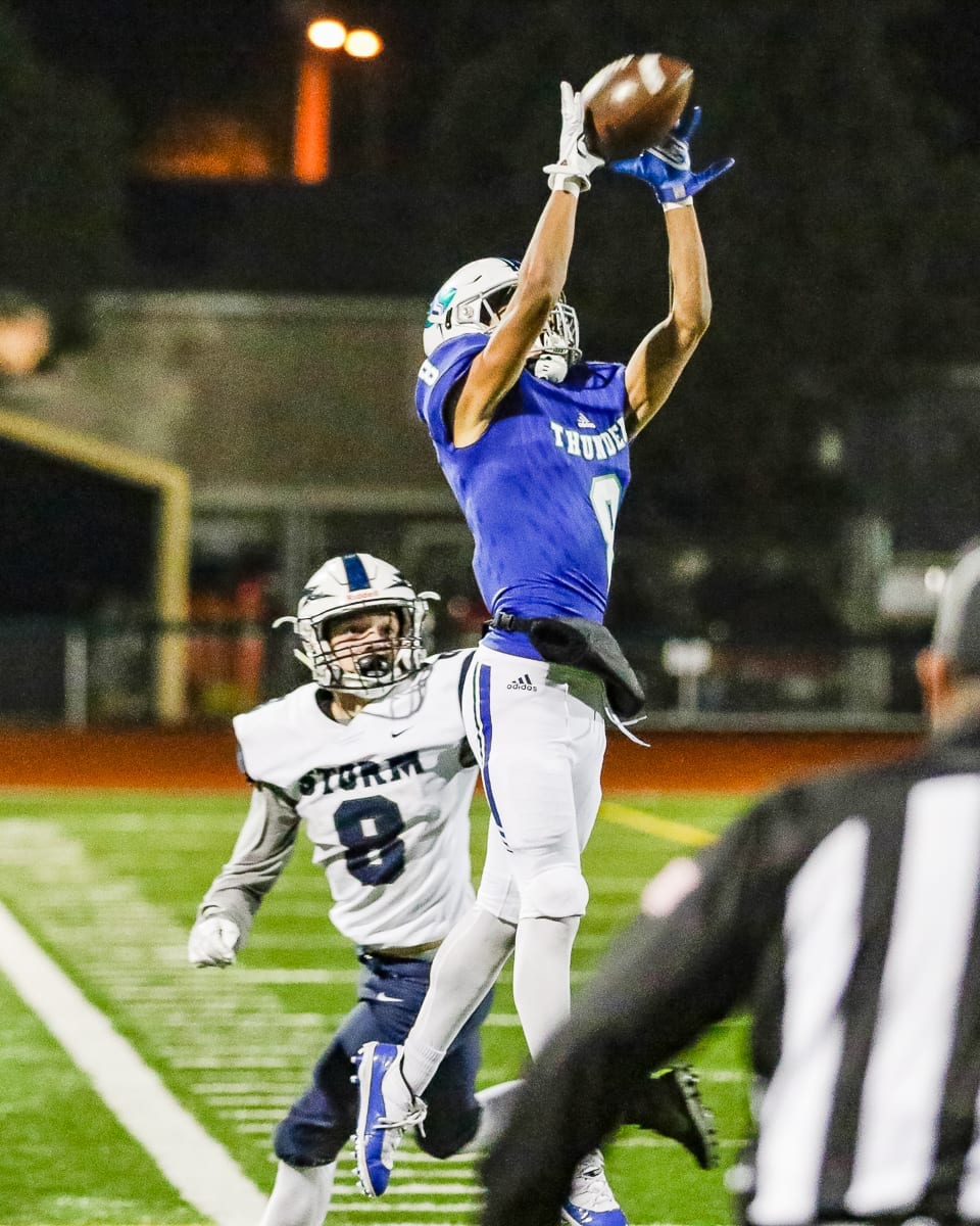 Mountain View’s Michael Bolds (8), shown here in a playoff victory over Squalicum, had his ninth interception of the season Saturday but the 2018 season came to an end for the Thunder with a loss in the Class 3A state semifinals. File photo by Mike Schultz