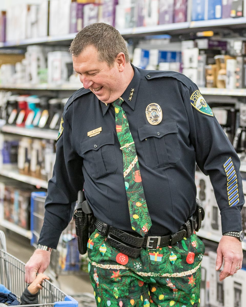 Woodland Police Chief Jim Kelly, fully decked out in his Christmas uniform for the biggest Shop with a Cop event ever. Photo by Jacob Granneman