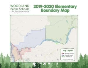 Woodland Primary and Woodland Intermediate Schools will be reconfigured to join Yale Elementary in serving grades K-4 beginning with the 2019-2020 school year and all three schools will have attendance area boundaries. Map courtesy of Woodland School District