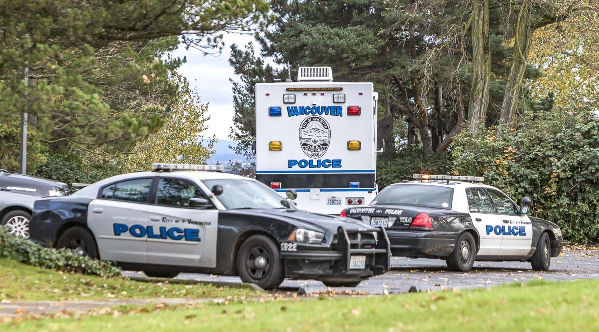 Vancouver Police Department vehicles at the recovery of a body along the Columbia River on Nov. 23, 2016. Photo by Mike Schultz