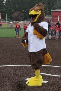 Rally the Raptor made a first pitch at Alcoa Little League’s opening ceremony Saturday. Photo by Paul Valencia