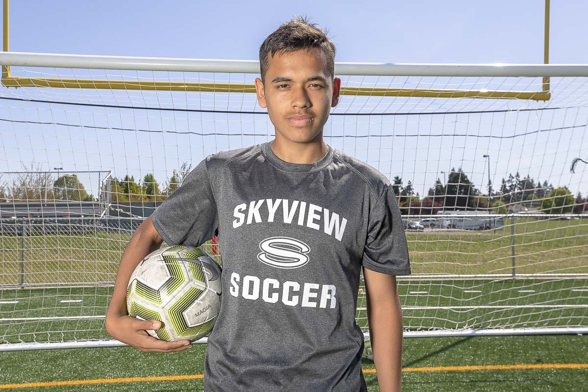 Diego Villalpando says he loves wearing Skyview soccer gear. He wants to represent his school, plus the gear is a reward for all of his hard work. He was cut from the program twice, but he always believed he could become a key piece of the Skyview soccer machine. Photo by Mike Schultz