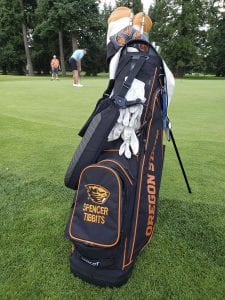 Spencer Tibbits of Vancouver says he will proudly display this Oregon State bag when he plays in his first major next week. Tibbits, a sophomore at OSU, qualified for the U.S. Open. Photo by Paul Valencia