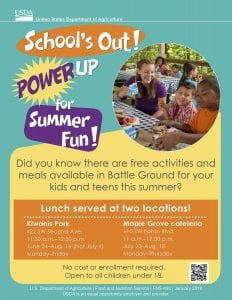 Children and teens ages 1-18 can enjoy a free lunch in Battle Ground this summer through the Simplified Summer Food Program for children. The program addresses the need for nutritious meals during the summer months when school is not in session.