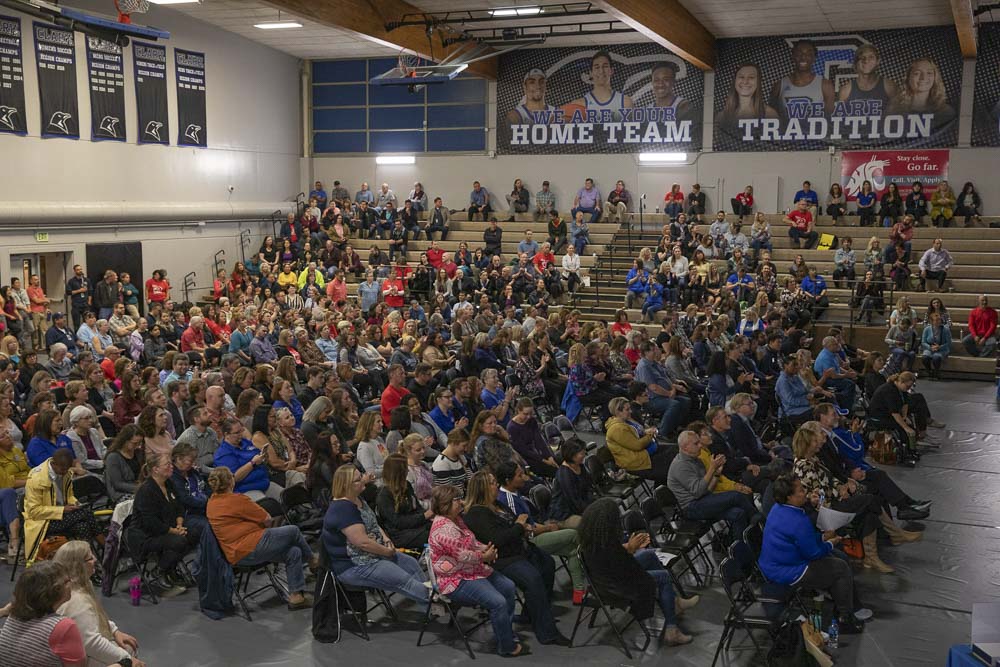 Employees gather in the O’Connell Sports Center gym for Opening Day of Clark College’s 2019 fall term. Photo courtesy of Clark College/Jenny Shadley