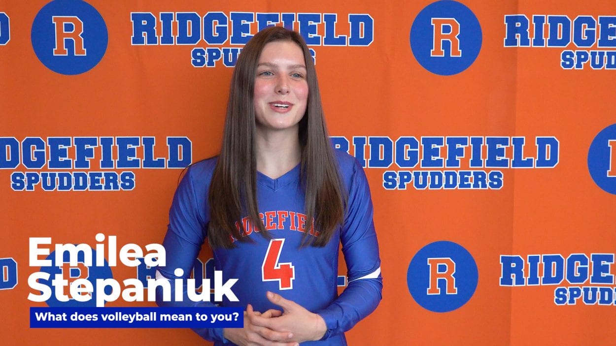 Ridgefield’s Emilea Stepaniuk says it is stressful trying to defend a state title, but it is fun stress. Other teams want to knock off the champs, and that just makes the Spudders even more focused. Photo by Mike Schultz
