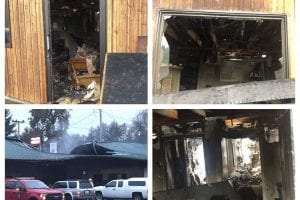 A collage of photos taken shortly after the fire destroyed Wanda Walker’s Clinic. The clinic is adjoined to the same building as Racers Division and Riverside Laundry. Photo courtesy of Wanda Walker