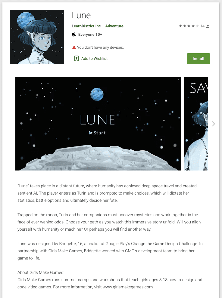 The game Lune tells the story of a sentient artificial intelligence, Turin, and her journey through the mysterious world on the lunar surface. Screenshot via Google Play store