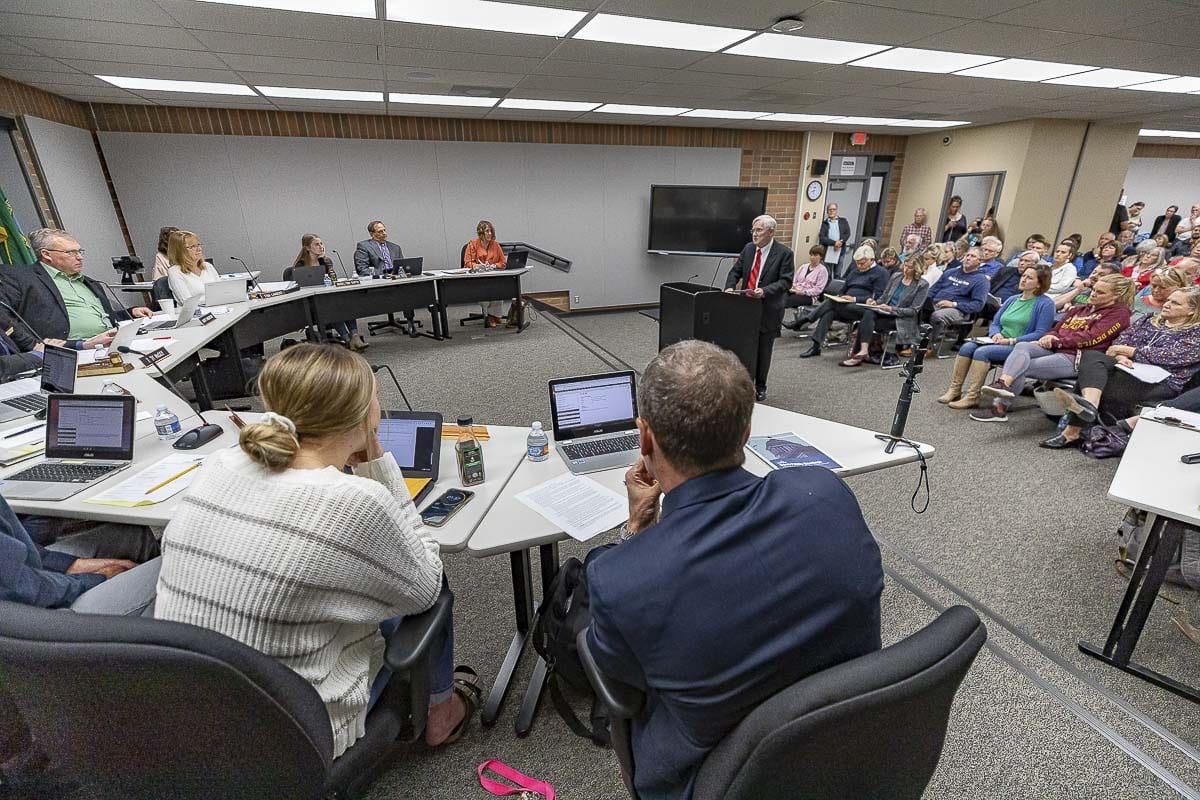 Members of the Battle Ground School Board hear testimony on Comprehensive Sexual Health Curriculum at an Oct. 14 meeting. Photo by Mike Schultz