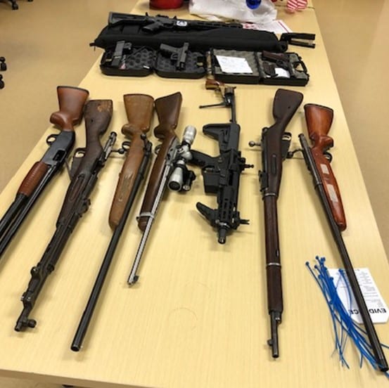 Battle Ground Police released this photo of firearms seized from a home at SW 12th Street and 2nd Ave after a standoff on Thursday afternoon. Photo courtesy Battle Ground Police Department