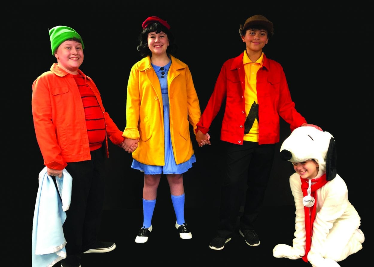  From left to right, actor Emerson Skogen as Linus, actress Norah Skogen as Lucy, actor Jaedon Moore as Charlie Brown, and actress Caroline Gienapp as Snoopy. Photo courtesy of Metropolitan Performing Arts  