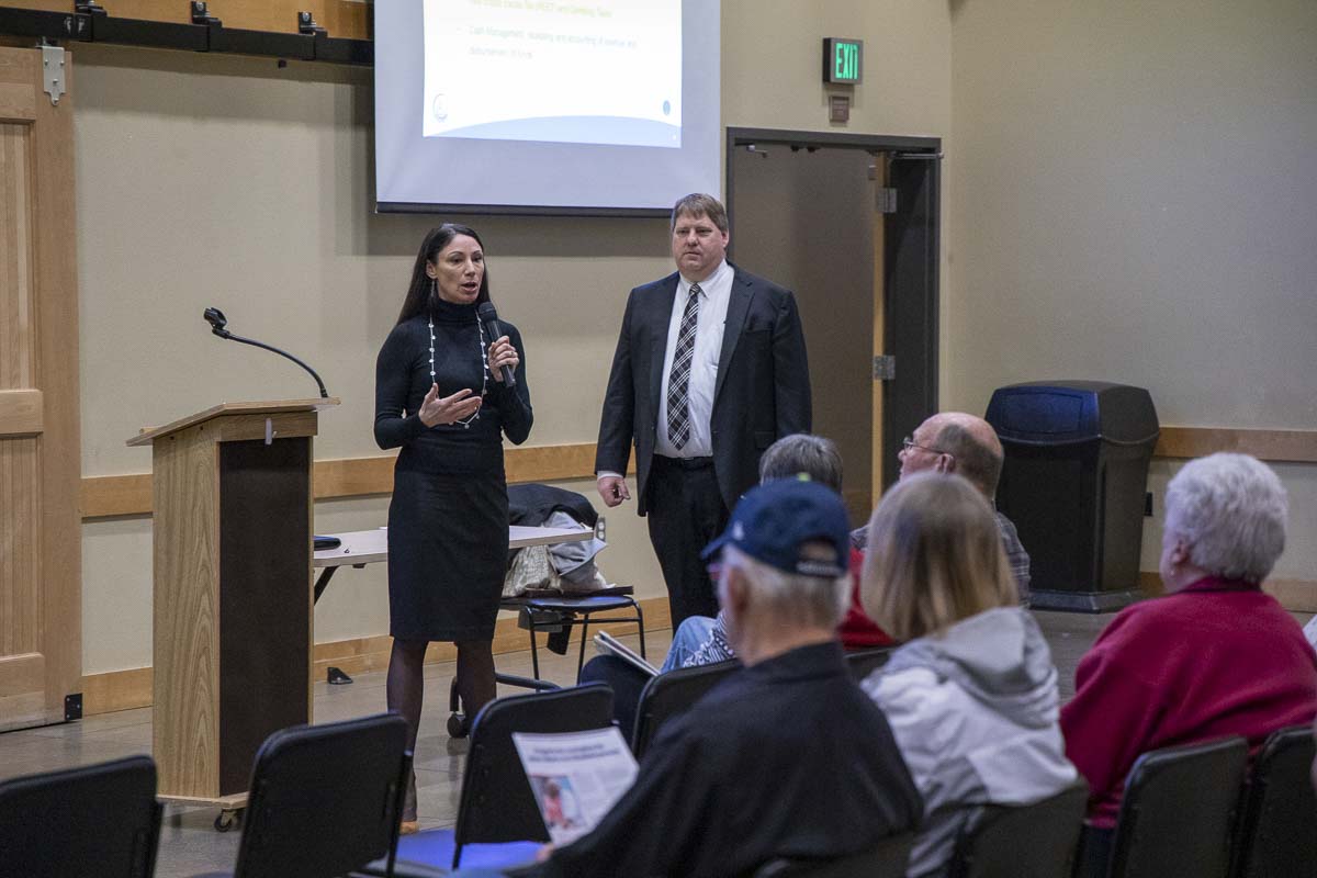 Clark County Treasurer Alishia Topper and Assessor Peter Van Nortwick speak at a public forum on property taxes at the Battle Ground Community Center. Photo by Chris Brown