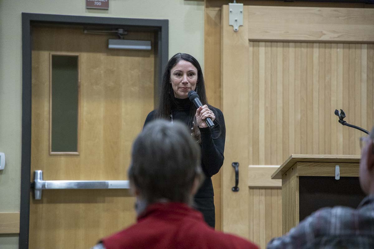 Clark County Treasurer Alishia Topper answers questions at Battle Ground Community Center during a forum on property tax changes for 2020. Photo by Chris Brown