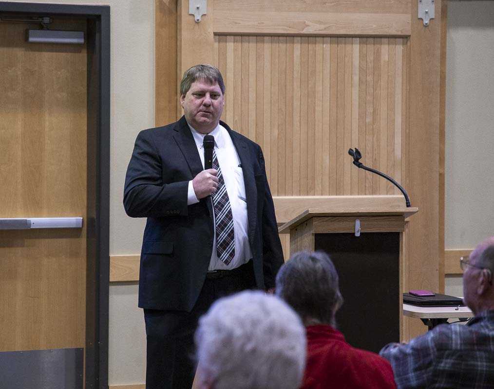 Clark County Assessor Peter Van Nortwick answers questions at Battle Ground Community Center during a forum on property tax changes for 2020. Photo by Chris Brown