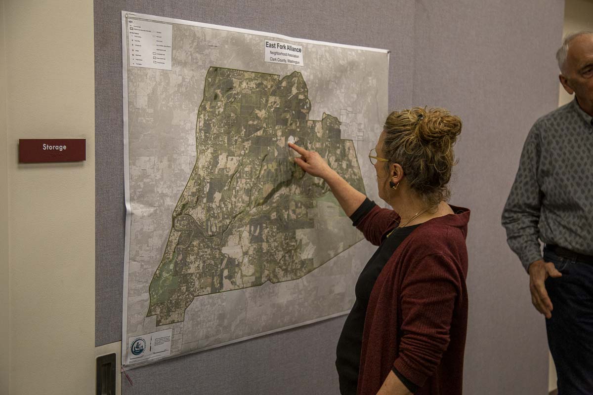 Marie Ogier looks over the map displaying the area encompassing the EFANA. It is one of the largest, geographically, in Clark County. Photo by Jacob Granneman