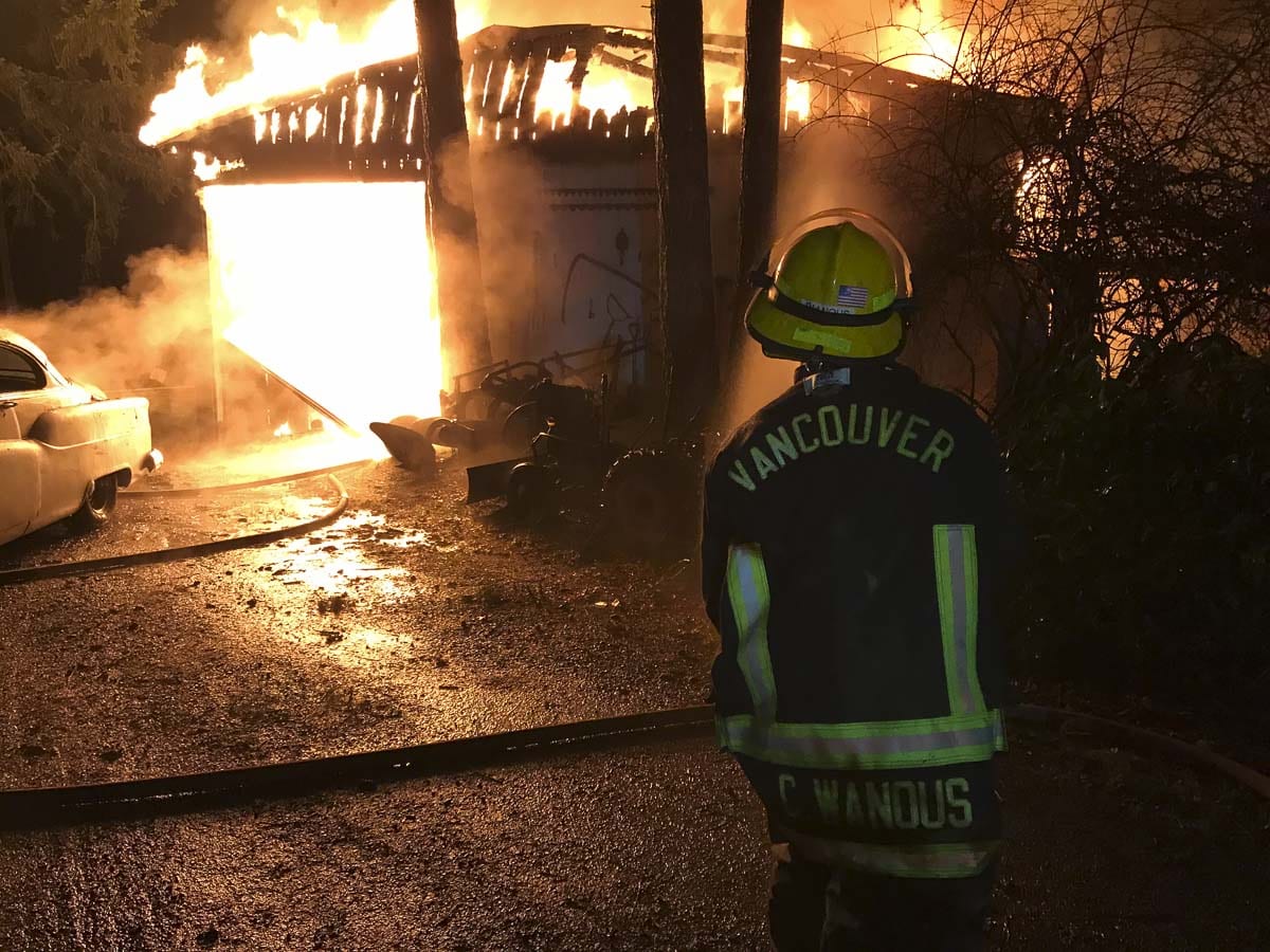 Firefighters protected other structures on the property, but could not save the shop buildings. Photo courtesy of Vancouver Fire Department