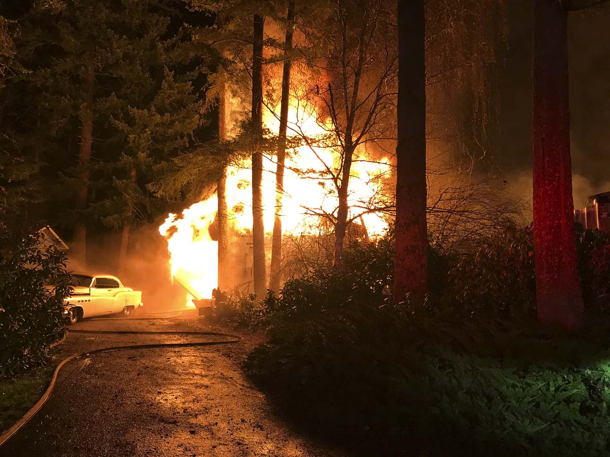 The large volume of fire kept firefighters out of the building and the fire was fought from outside. Photo courtesy of Vancouver Fire Department