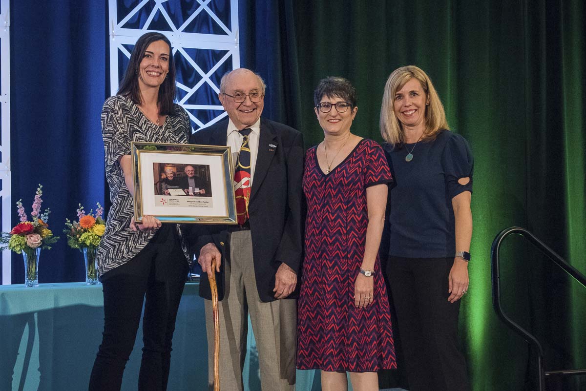Sherrie Tinoco (left to right), director of development at Emergency Support Shelter, presents the 2019 Lifetime of Giving Award to Dr. Donald Fuesler of Longview. Fuesler's daughter Margretchen and Janie Spurgeon, vice president of Development at the Community Foundation for Southwest Washington. Photo courtesy of Community Foundation for Southwest Washington