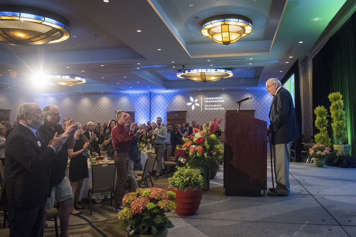Dr. Donald Fuesler gives brief remarks from the stage after accepting the 2019 Lifetime of Giving Award on behalf of he and his wife Margaret Fuesler. Photo courtesy of Community Foundation for Southwest Washington