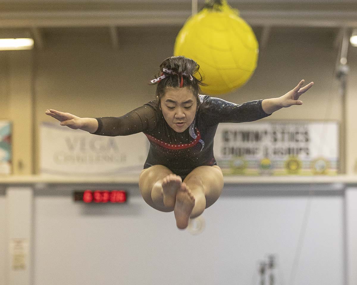 Alyssa Shibata of Camas, shown here earlier in the season, finished third in the state all-around competition. Photo by Mike Schultz