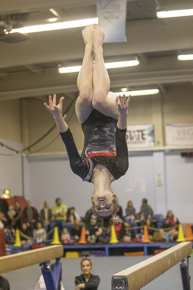 Shea McGee of Camas, shown here earlier this season, placed in all four individual events at the Class 4A state gymnastics meet. Photo by Mike Schultz