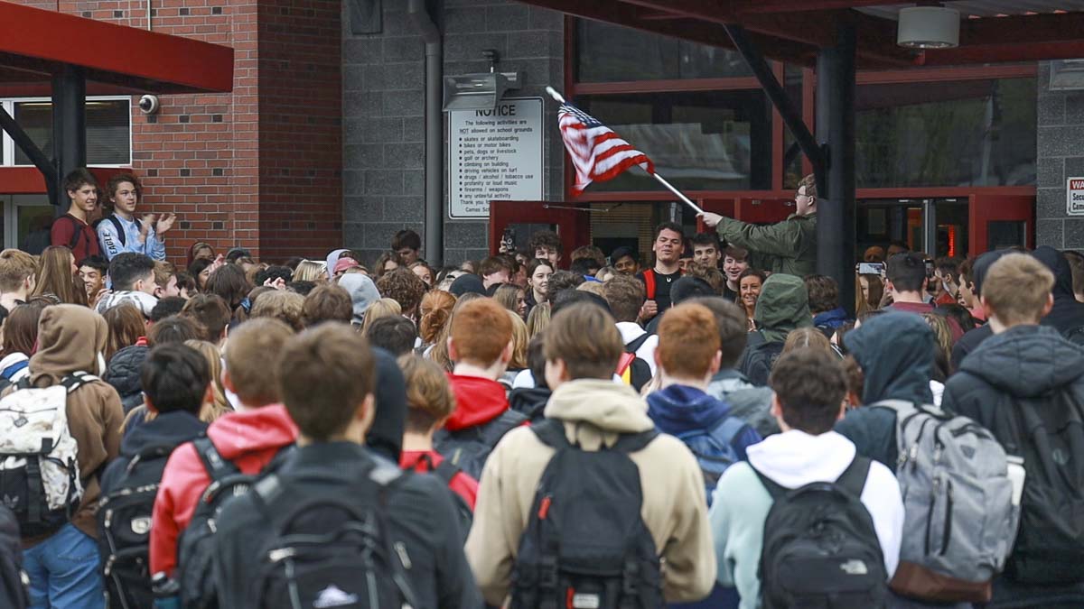 Camas High School students staged a walkout Thursday in protest over comments made by Principal Liza Sejkora following the death of Kobe Bryant. Sejkora resigned on Friday. Photo by Jacob Granneman
