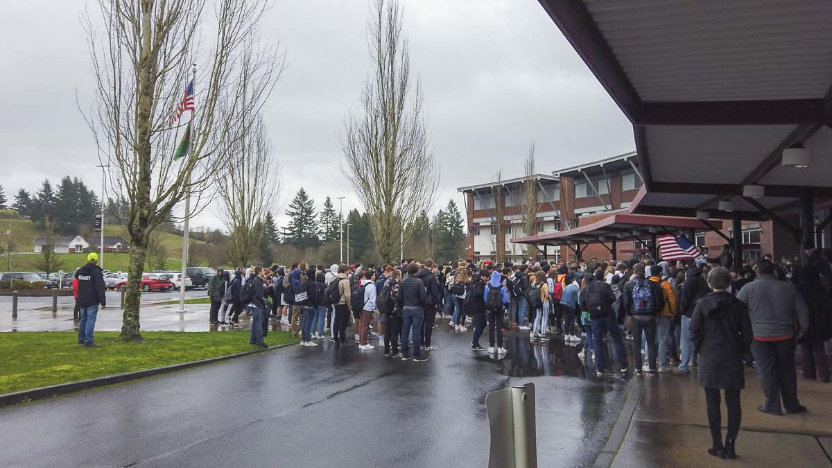Over a hundred Camas High School students walked out Thursday to protest comments made by Principal Liza Sejkora over the death of Kobe Bryant. Photo by Chris Brown