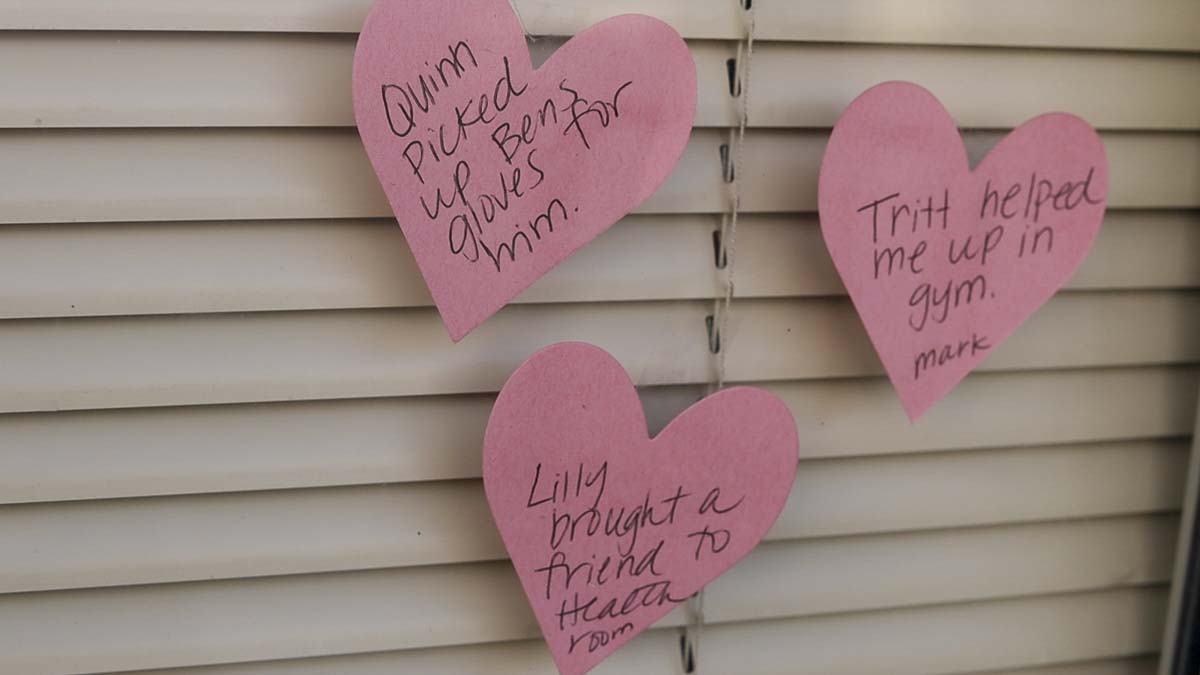 Valentine’s hearts are posted on a classroom door at Daybreak School in Battle Ground. Photo by Chris Brown