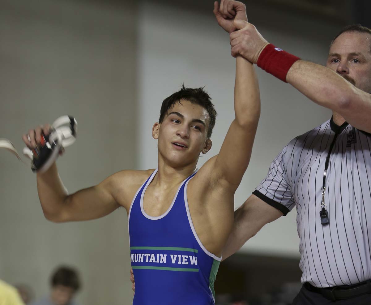 Noah Messman made Mountain View wrestling history Saturday night at the Tacoma Dome, becoming the first from the program to win a state championship. Photo courtesy Betty Snediker
