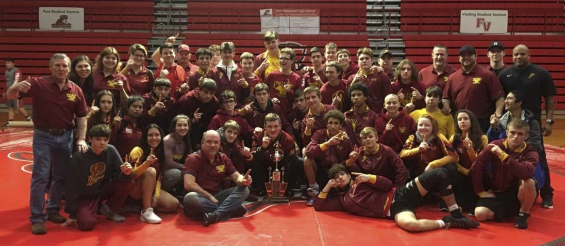 The Prairie Falcons won the 3A Greater St. Helens League in wrestling, the first league title in program history. Photo courtesy Prairie wrestling