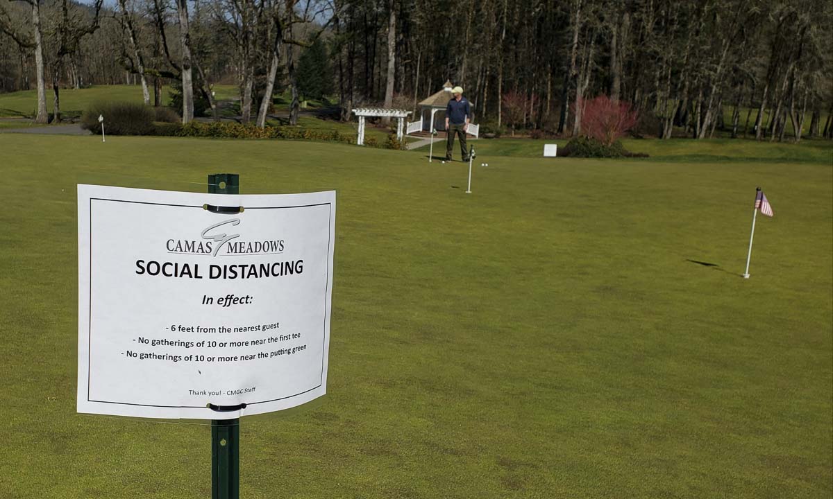 Signs are posted throughout the grounds at Camas Meadows Golf Course to remind players to be safe. Photo by Paul Valencia
