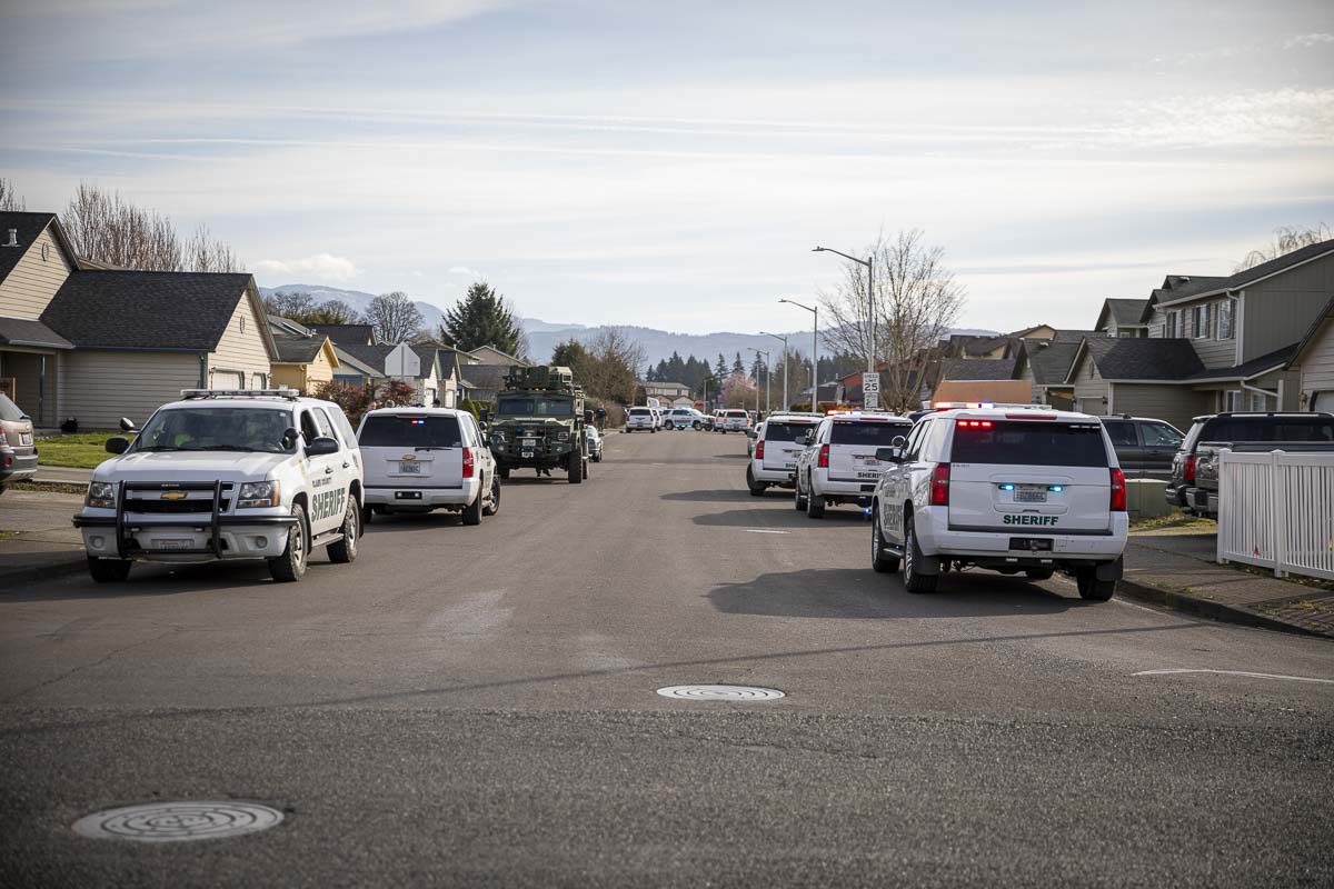 Armored CCSO vehicles responded to a shots fired call after a dispute between neighbors this morning near Northeast 91st Street and 152nd Avenue. Photo by Jacob Granneman
