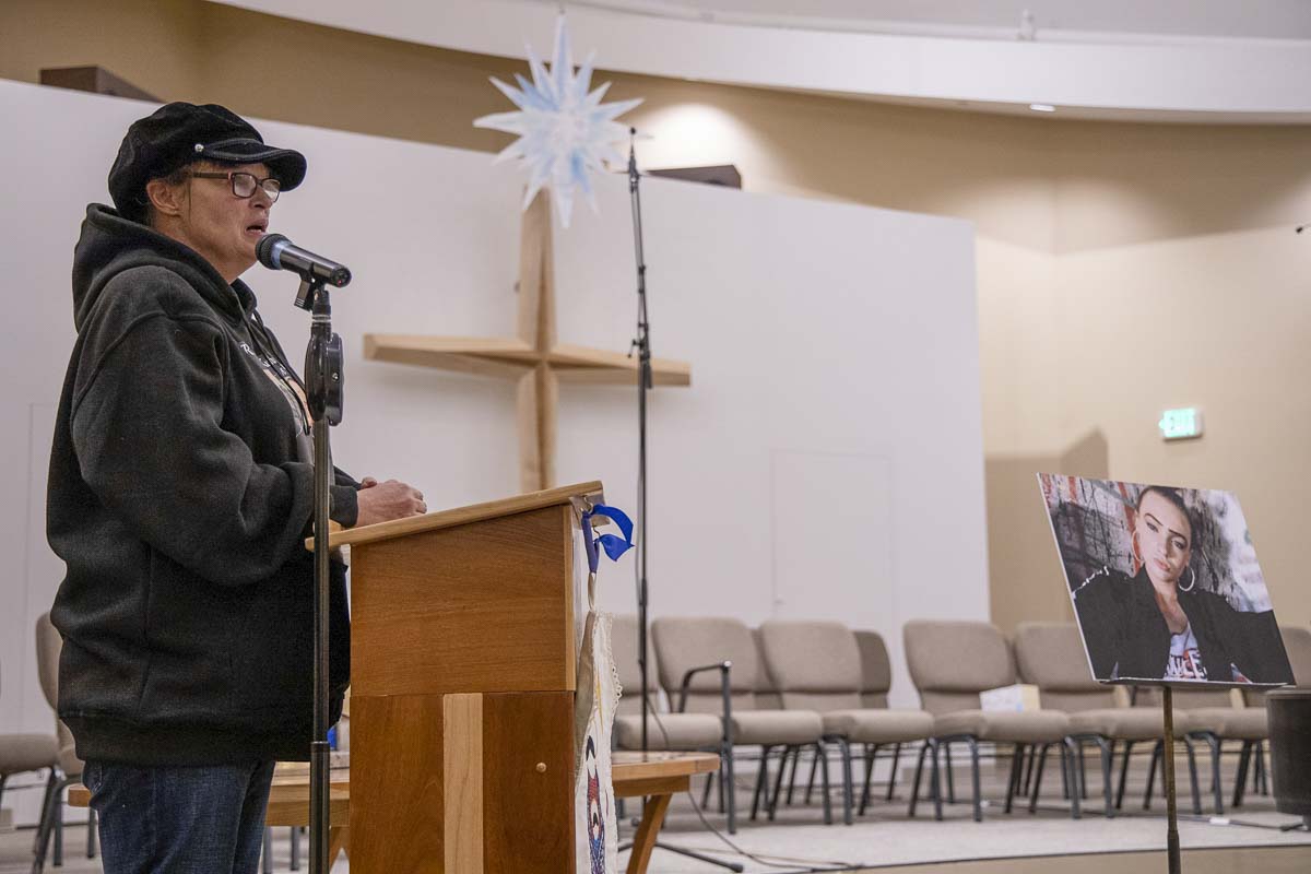 Nikki Kuhnhausen’s mother, Lisa Woods, speaks at a vigil for the slain transgender teen last December. Photo by Chris Brown
