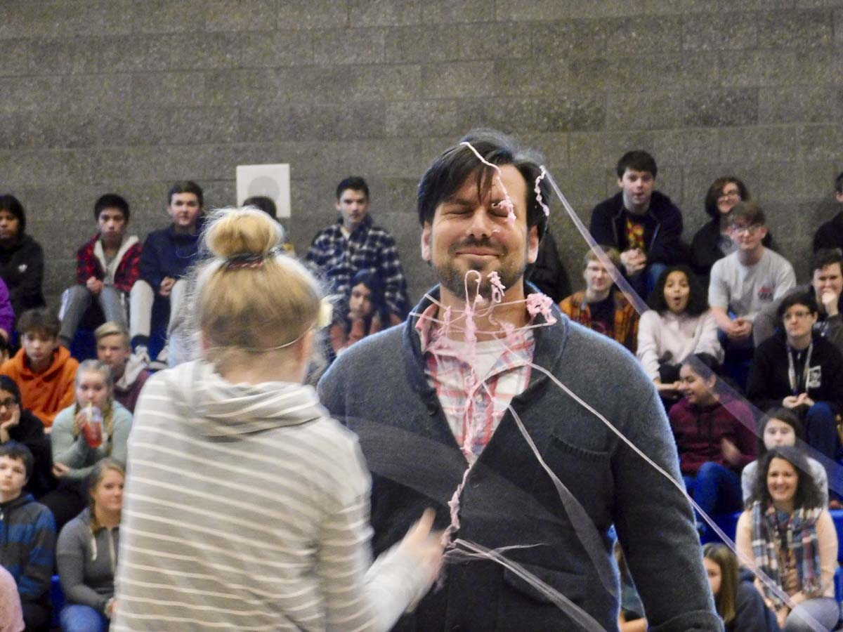 Teacher James Stevens gets covered in Silly String. Photo courtesy of Ridgefield Public Schools