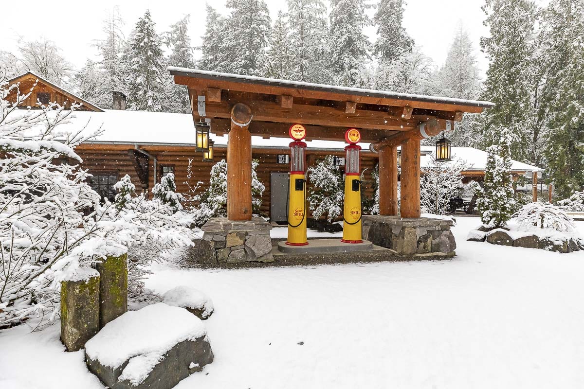 The vintage gas pumps at Summit Grove Lodge near La Center were a winter wonderland on Saturday. Photo by Mike Schultz