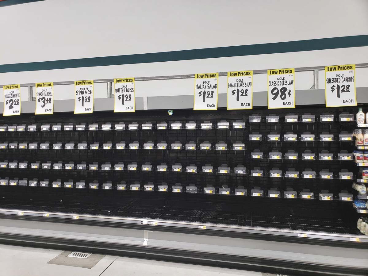 Produce shelves were largely barren Saturday afternoon at this Vancouver Winco location. Photo by Paul Valencia