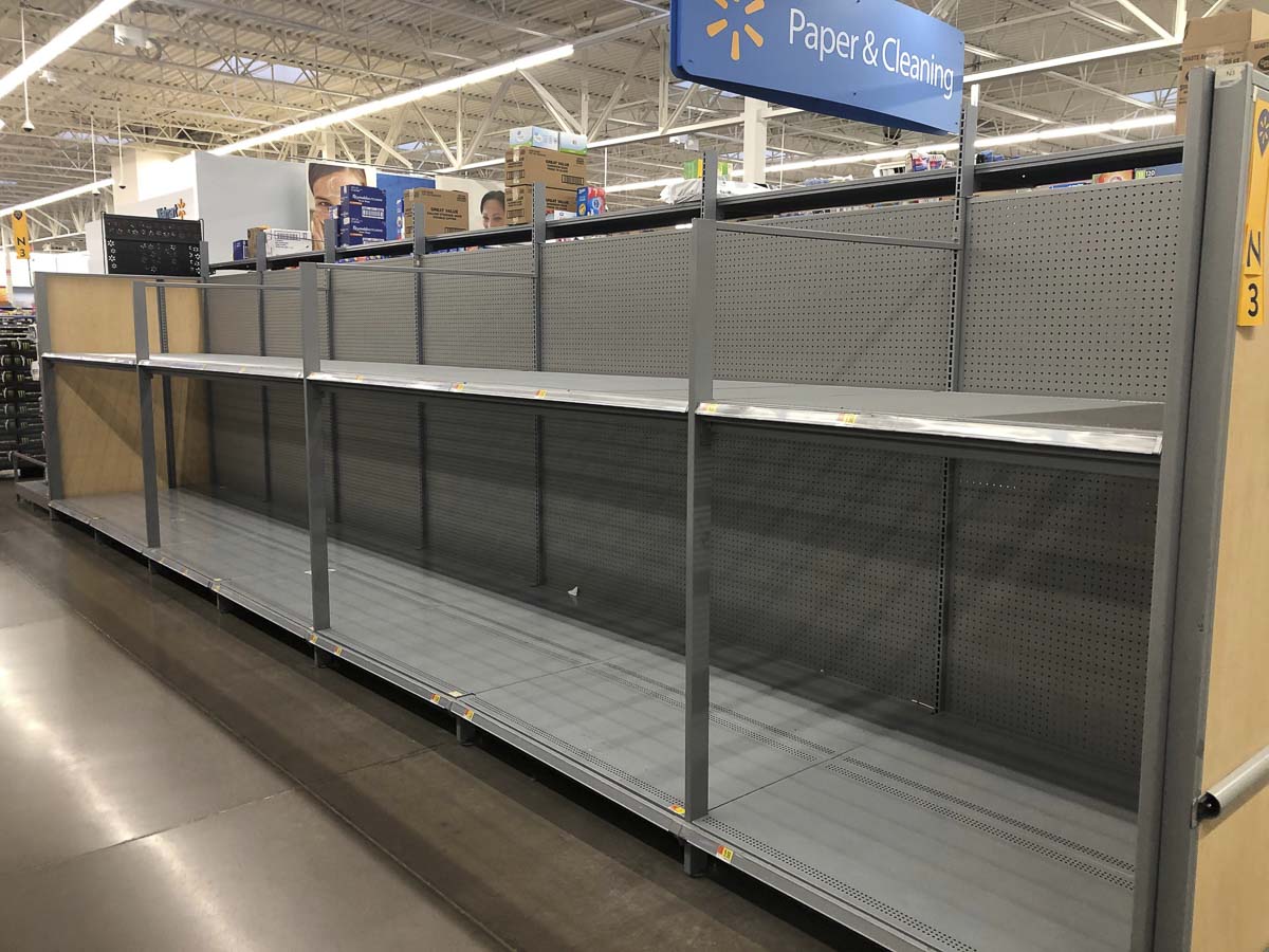Empty shelves greeted anyone looking for toilet paper or paper towels at the Walmart in Woodland on Saturday. Photo by Mike Schultz