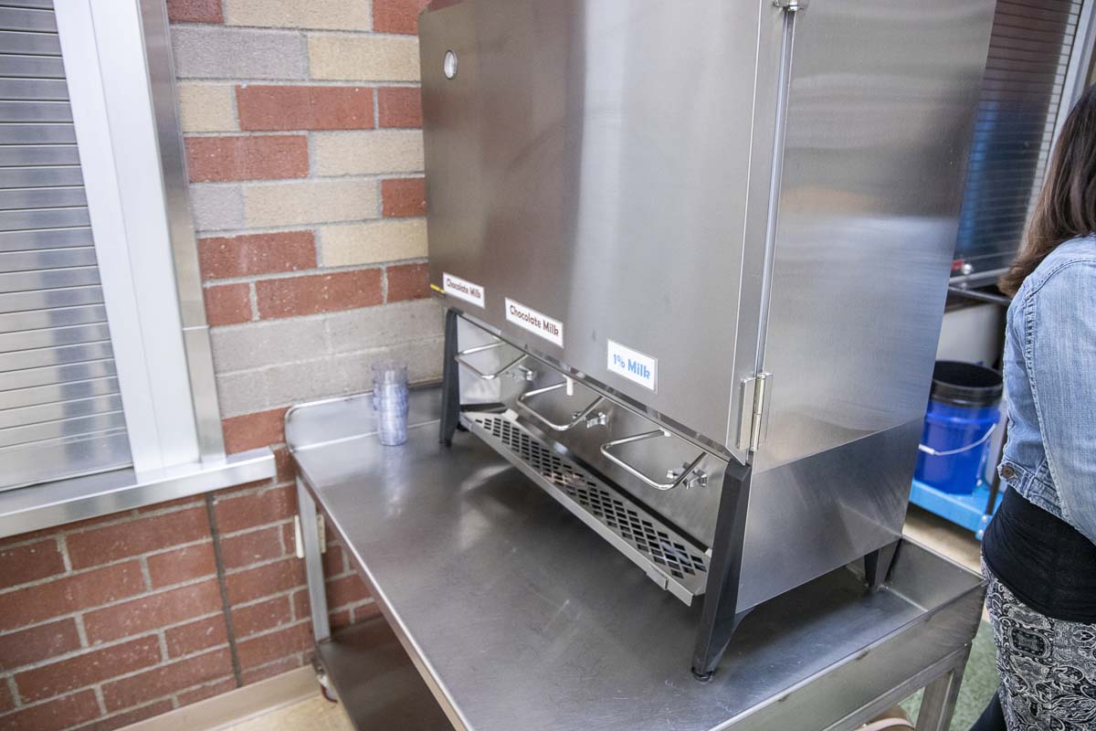 A new milk dispenser at York Elementary is a first in the state, and part of an initiative to stop waste. The school says students throw away around three gallons less milk each day by being able to dispense it themselves. Photo by Chris Brown