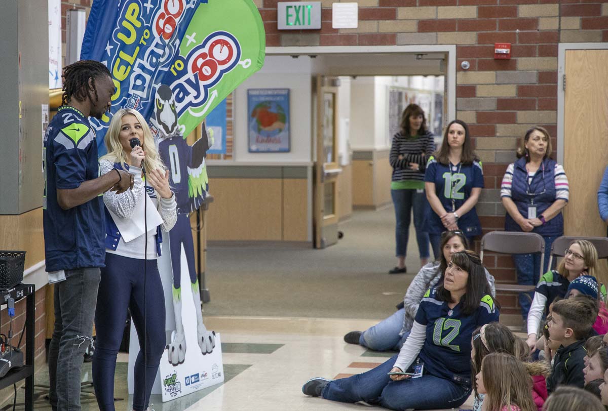 Seattle Seahawks CB Trey Flowers and Seahawks Dancer Kylie were special guests at York Elementary School on Monday. Photo by Chris Brown