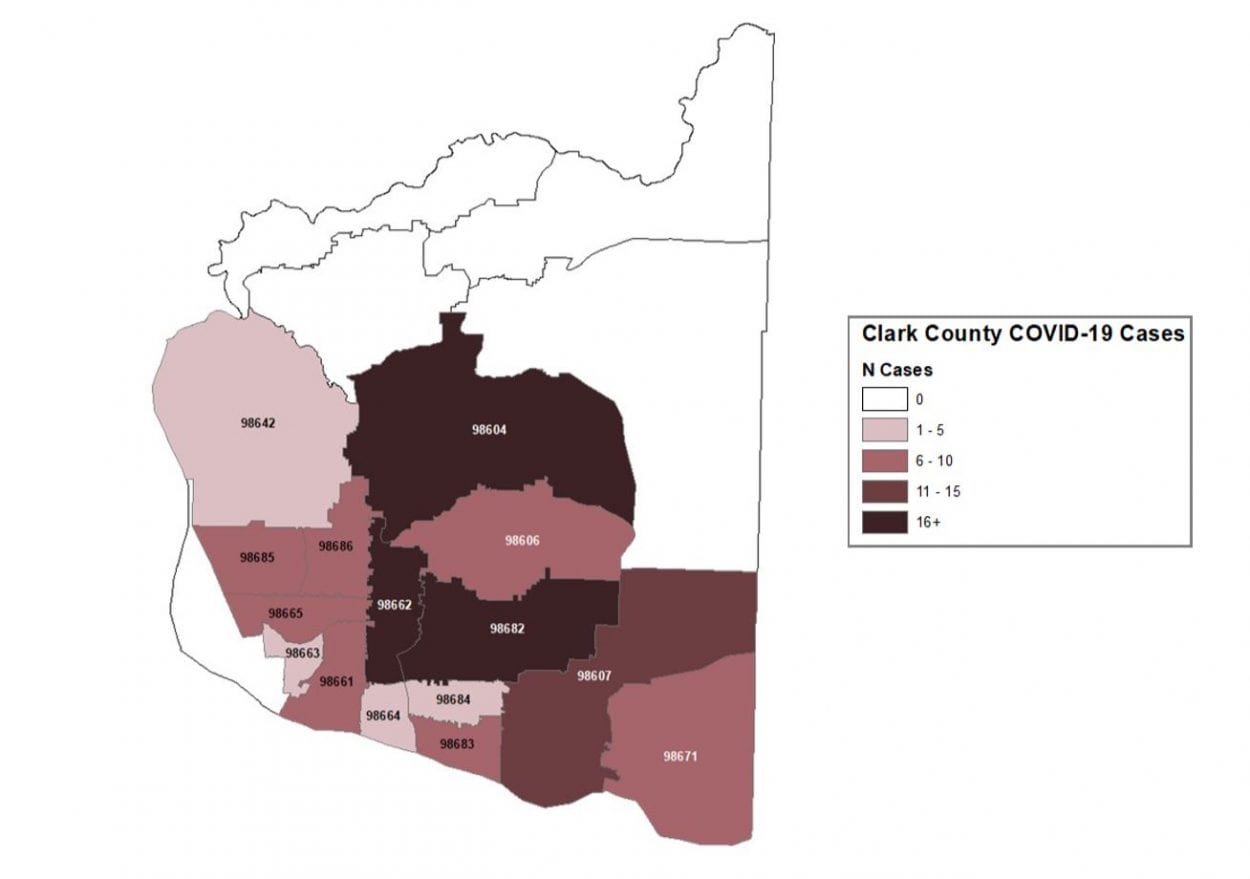 This map shows confirmed COVID-19 case spread by zip code in Clark County. Image courtesy Clark County Public Health