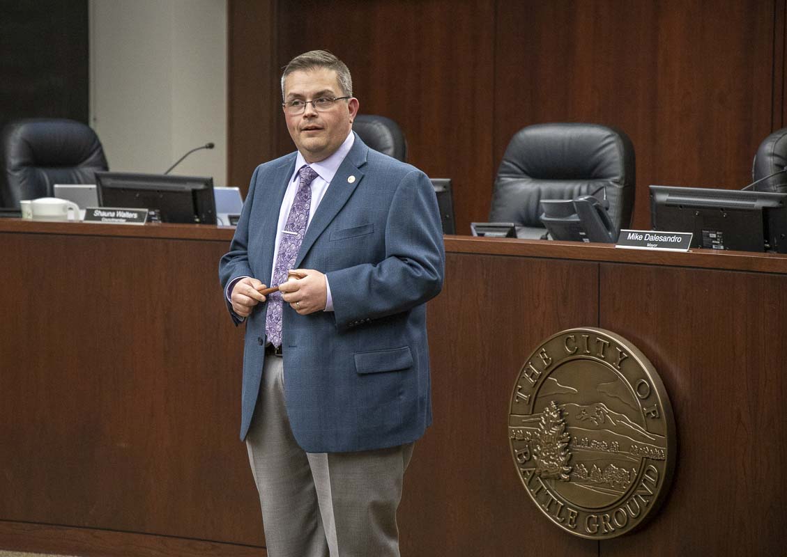 Battle Ground Councilor Mike Dalesandro is shown here at a ceremony in January marking the end of his time as the city’s mayor. Photo by Chris Brown