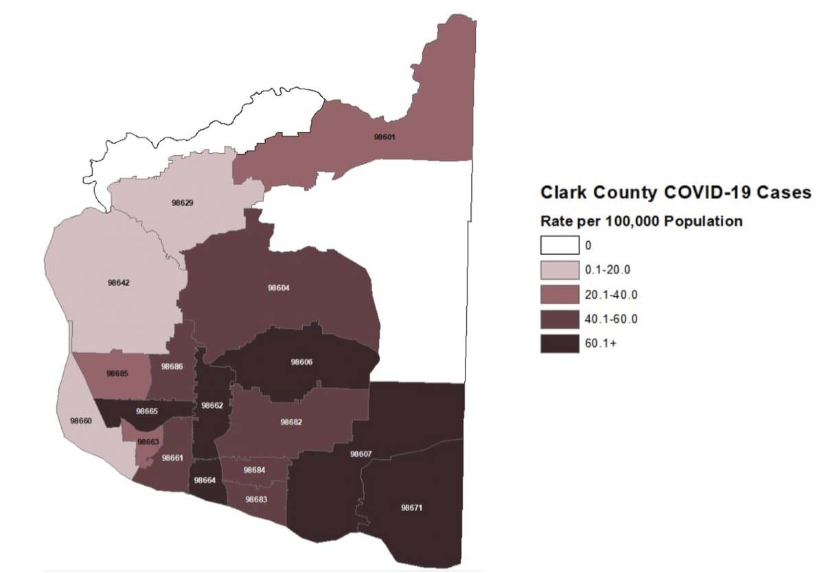 This map shows the number of COVID-19 cases by zip code in Clark County, per 100,000 residents. Image courtesy Clark County Public Health Department