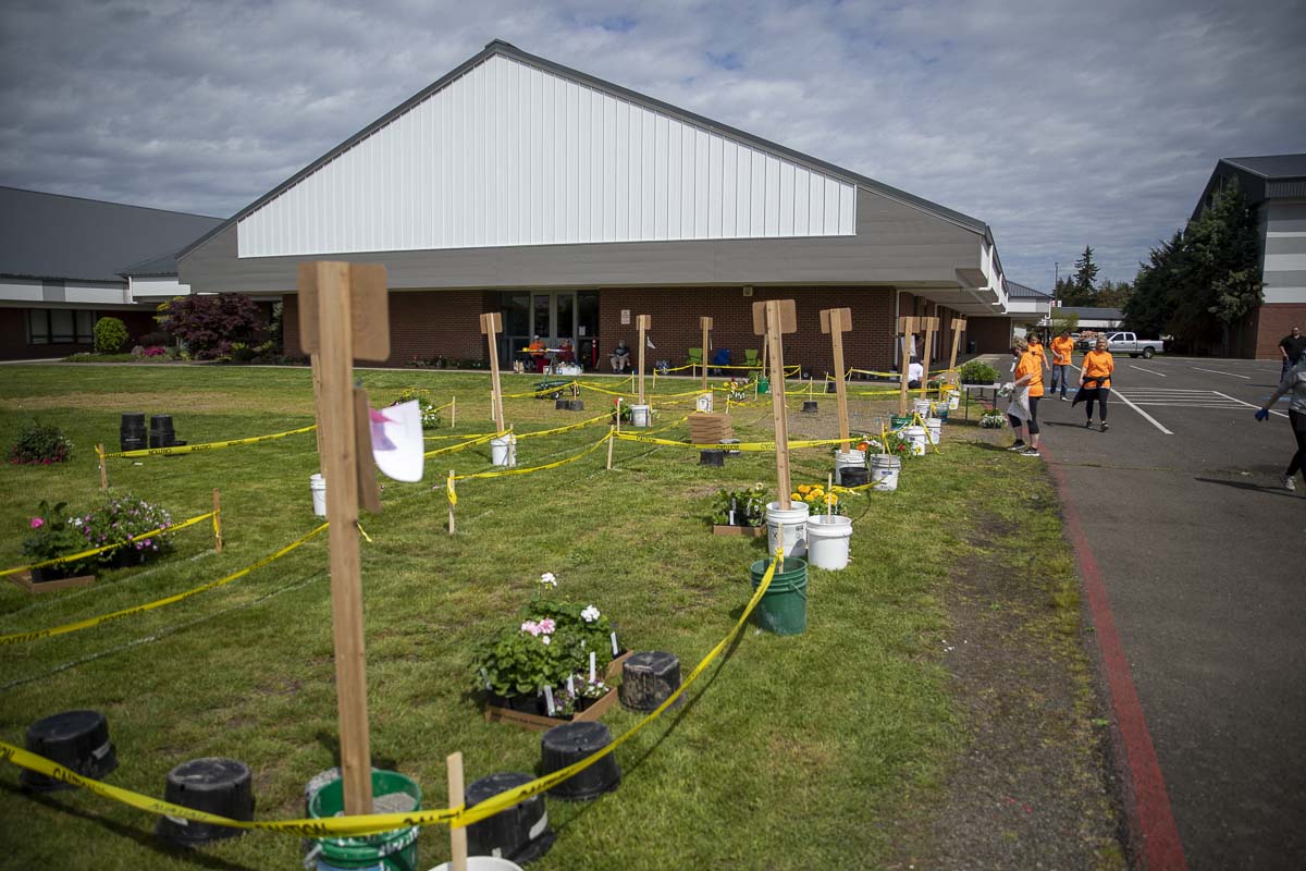 Orders await pickup outside of Battle Ground High School. This year’s annual plant sale went online only amid the Covid-19 stay-at-home order. Photo by Jacob Granneman