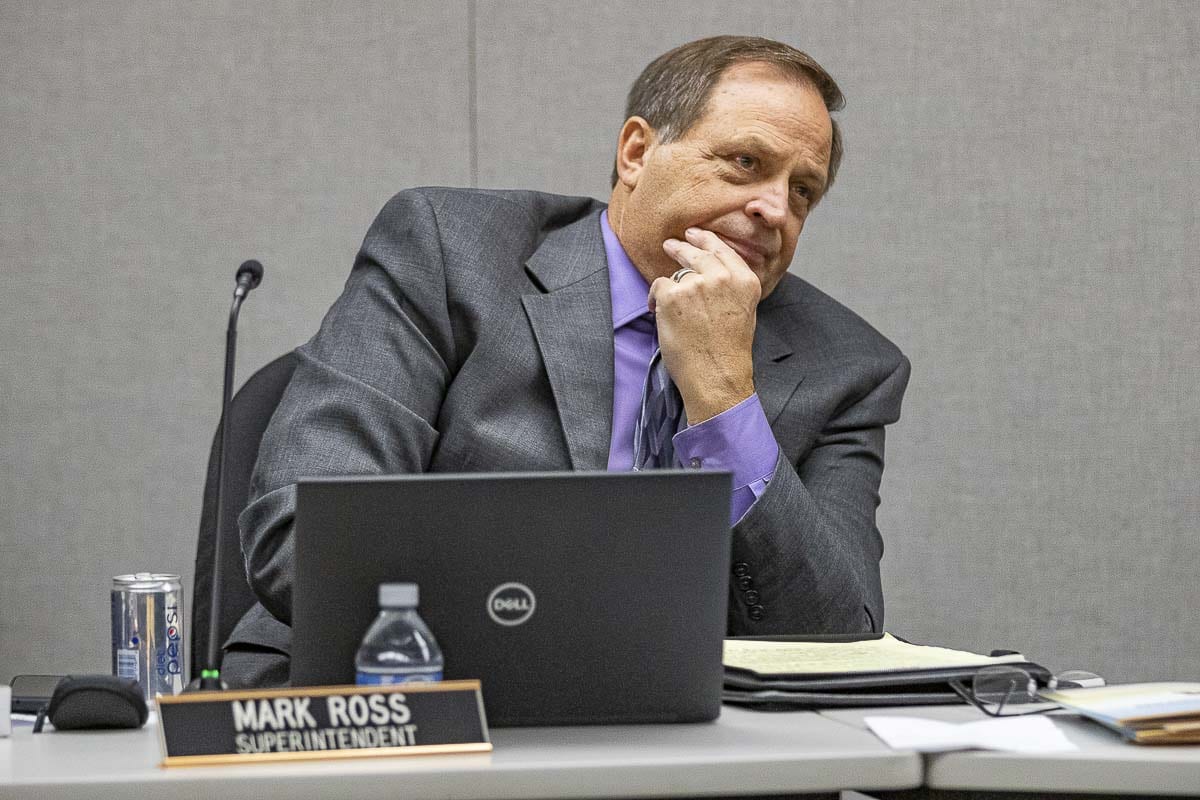 Battle Ground Public Schools Superintendent Mark Ross is shown here at a board meeting in October 2019. Photo by Mike Schultz
