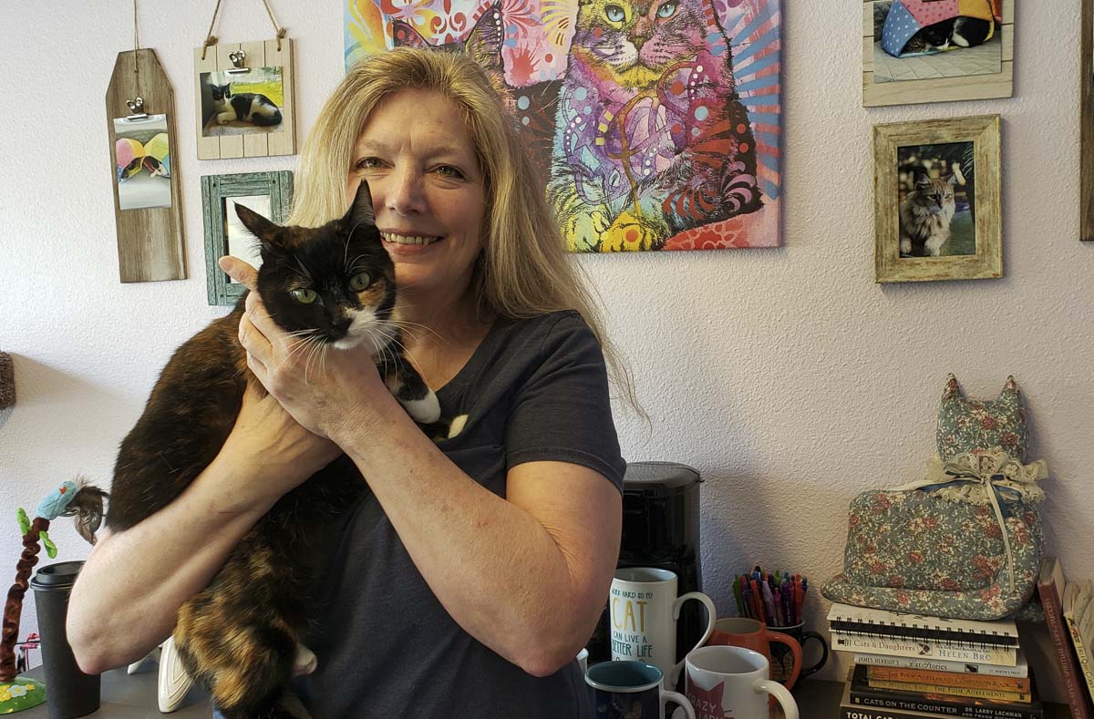 Margie McGhee opened her feline spa and boarding company, Cats Play While You’re Away, last spring, turning her love for cats into a career. Photo by Paul Valencia
