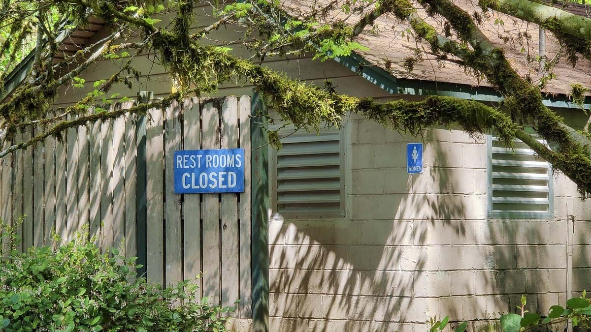 This restroom at Lewisville Park has been closed since mid-March. The county plans to reopen them this weekend. Photo by Chris Brown