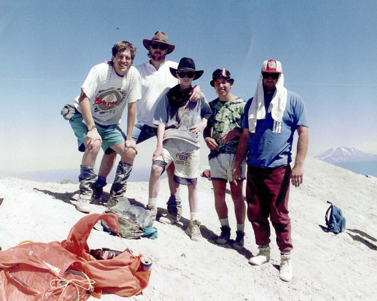 Mike Schultz, along with Erik Schultz, Dave Atkinson, Byron Wilkes, and Michael Poteet, on a hike at Mt. St. Helens in 1992. Photo courtesy Mike Schultz