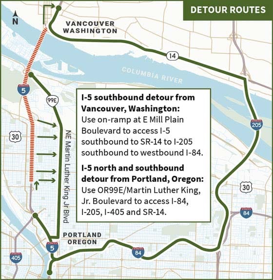 The Oregon Department of Transportation has notified travelers that Interstate 5 will be closed in both directions in North Portland for seven hours over the night of Sat. May 16 from 11 p.m. to 6 a.m.